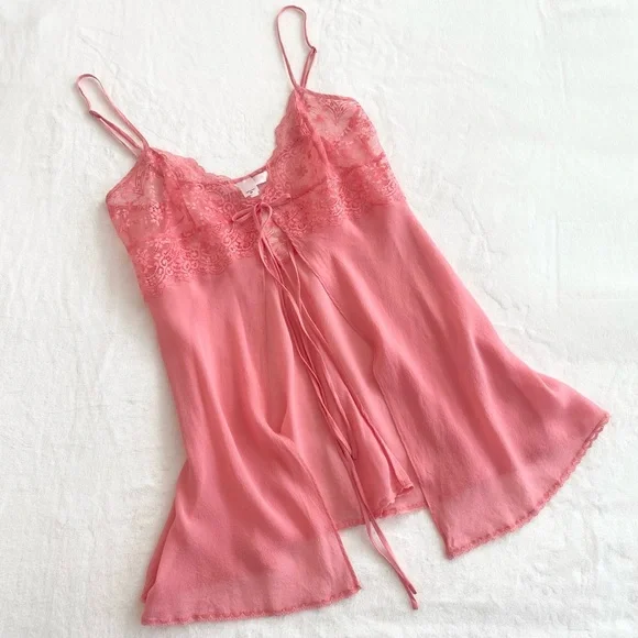 Y2K Victoria’s Secret Silk Pink Lace Chiffon Vintage VDay Babydoll Slip Dress M